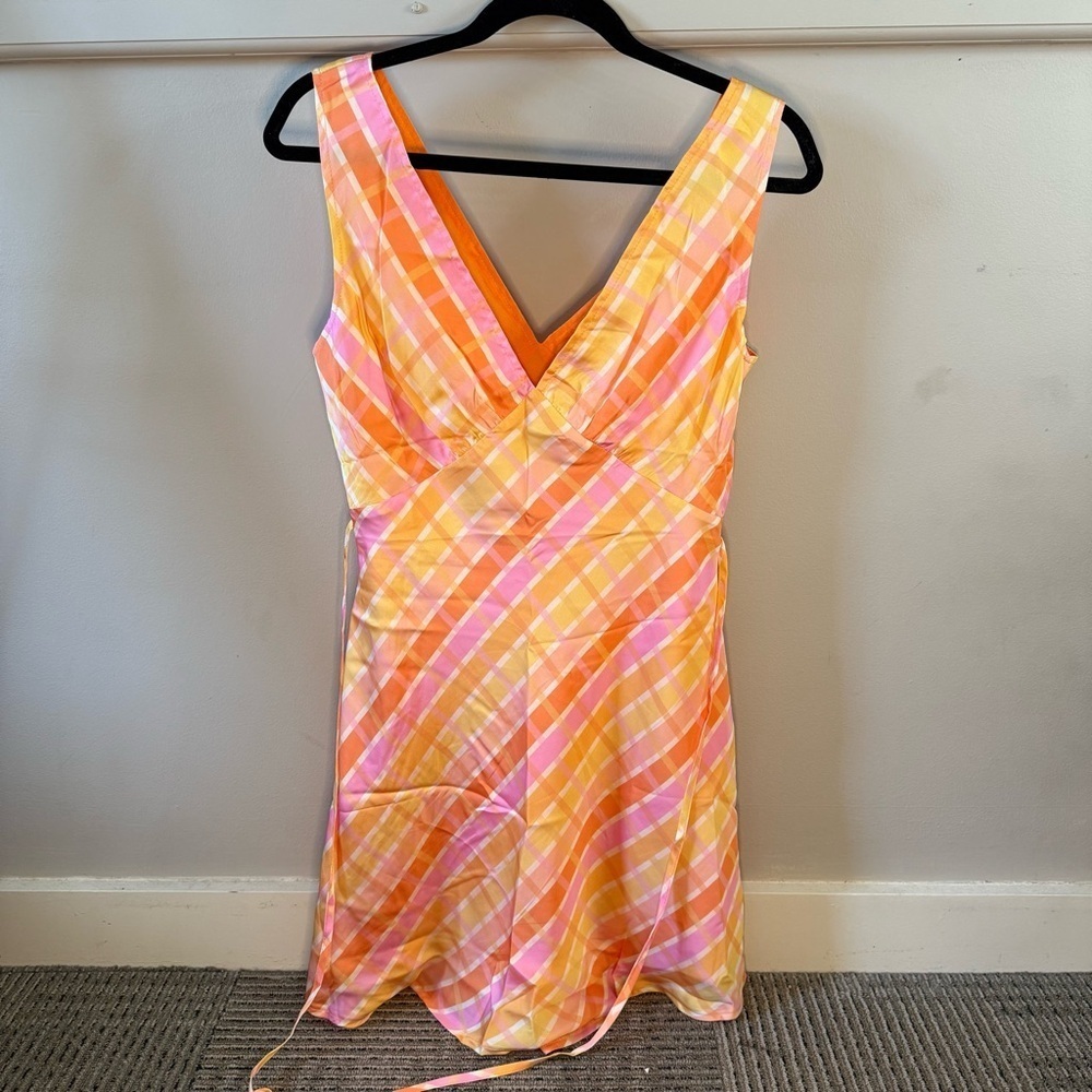 Peppermayo Vibrant Plaid Pink Orange Sleeveless Picnic Dress Tie Detail